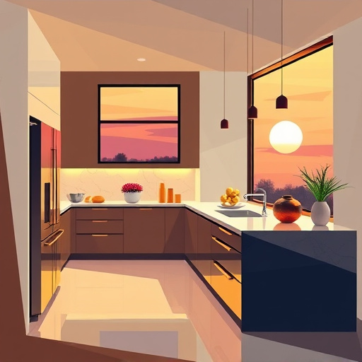 A luxurious kitchen design showcases a modern space characterized by sleek lines and high-end finishes, featuring abstracted shapes representing contemporary appliances like a minimalist refrigerator, a quartz countertop island, and artisanal cabinetry, all depicted in interlocking geometric forms. The color palette includes warm golds, deep navy blues, and soft whites, blending sophistication with a playful touch. Quirky elements like oversized utensils and geometric pots float above the countertops, adding a surreal quality. The background includes a stylized window with an abstract sunset, casting orange and pink hues that complement the kitchen's warm tones. Light plays across surfaces, creating a dynamic interplay of shadow and color, highlighting the kitchen's creative and luxurious design essence.