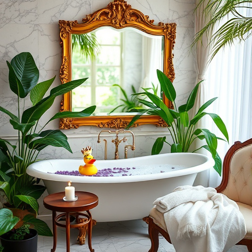 Alt Text: A serene blog cover image depicting "Spa-Inspired Bathrooms," featuring tranquil natural elements such as bamboo accents, smooth stones, and lush greenery. A wooden bathtub surrounded by indoor plants and a gently cascading waterfall creates a calming atmosphere. Playful details include a whimsical decorative fish swimming among the foliage and small handcrafted pottery pieces on the windowsill. The background showcases soft, textured wall designs inspired by traditional African art, with a soothing color palette of earth tones, soft greens, and light blues that evoke relaxation and self-care, embodying the essence of a luxurious spa retreat.