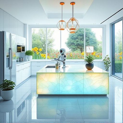 A spacious open concept kitchen designed in a futuristic style, featuring sleek lines and a minimalist aesthetic. The centerpiece is a large, central island with a luminous, holographic countertop adorned with dynamic pastel patterns. Modern appliances are seamlessly integrated into the cabinetry, highlighted by a smart refrigerator with a digital interface. Potted herbs in geometric planters bring a vibrant touch of greenery, while futuristic hanging light fixtures with organic shapes provide warm ambient lighting. The environment is calming and inviting, promoting comfort and community, with whimsical details like a robot chef humorously mixing ingredients and a digital recipe board displaying animated culinary instructions. Large floor-to-ceiling windows offer a scenic view of a lush garden filled with colorful flowers. The flooring features reflective tiles that resemble soft, natural stone, enhancing the futuristic ambiance. The color palette of soft blues and greens, accented with bright yellows and oranges, creates an uplifting, fresh vibe, capturing the essence of a functional yet modern lifestyle in this captivating kitchen setting.