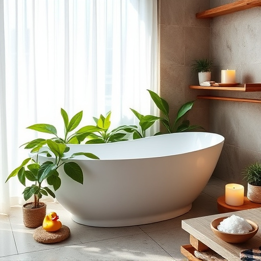 Alt text: A serene blog cover image depicting a spa-inspired bathroom scene. It features a large freestanding bathtub filled with soft, floating petals and surrounded by flickering candles that emit a warm, golden glow. Plush towels are elegantly draped over a rustic wooden stool nearby. A small potted plant adds a touch of greenery, enhancing the refreshing atmosphere. The room is illuminated by soft natural light filtering through sheer white curtains, evoking peace and harmony. Whimsical details include a rubber duck peeking from the tub and colorful spa stones arranged artfully on the edge. Natural materials like bamboo accents and stones create an organic feel. The Impressionism art style showcases a soothing color palette of soft greens, gentle blues, and creamy whites, inviting viewers to imagine moments of indulgent relaxation in this beautifully crafted space.