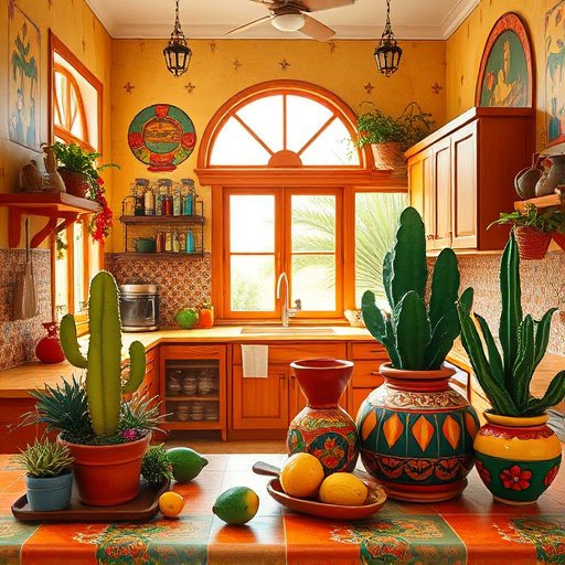 Alt text: A beautifully designed open concept kitchen flows into a cozy dining area, featuring high ceilings with intricate Byzantine patterns on the archways. The kitchen boasts a large island with polished marble countertops and warm wood cabinetry, complemented by a vibrant mosaic backsplash of fruits and herbs in earthy tones. Soft natural light streams through large windows, illuminating blooming herbs in decorative pots and neatly hung kitchen utensils, some charmingly decorated with tiny ceramic animals. In the background, a subtle fresco of a sunlit garden adds depth, while sprigs of rosemary and basil peek from window sill planters. The scene is enriched by a warm color palette of muted golds, rich greens, and soft terracotta, creating a serene yet inviting culinary haven perfect for community and creativity.