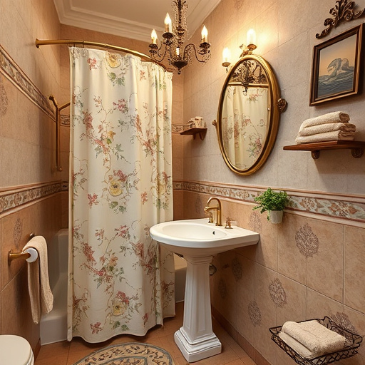 An elegant small bathroom layout featuring ornate ceramic tiles in muted earth tones and a pedestal sink with intricate floral patterns. The scene includes an antique-style mirror reflecting soft, ambient light from a wrought-iron chandelier above. The atmosphere is calm and tranquil, highlighted by a whimsical shower curtain with miniature rubber duckies and a lush potted fern in the corner. The walls are painted in soft pastel hues reminiscent of Renaissance frescoes, complemented by vintage brass fixtures. Space-saving solutions like floating shelves arranged with soft towels and candles are present, along with a small, framed painting of a mythical sea creature. The overall design blends vintage charm with modern practicality, showcasing a serene sanctuary amid daily life.
