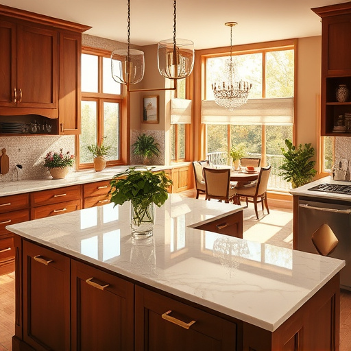 Alt Text: A luxurious kitchen illuminated by warm natural light from large windows, featuring a grand island with a marbled stone top and a simple vase of fresh herbs. The deep wood cabinetry with brushed gold handles adds sophistication, while quirky vintage cookbook wall art enhances the culinary theme. Lush indoor plants punctuate the space, complemented by an intricate tiled backsplash. The calm atmosphere is accented by a sparkling chandelier, plush textiles, and unique kitchen tools displayed artistically. The kitchen flows into a cozy dining area, showcasing modern and timeless design elements in a warm, earthy color palette of browns, golds, and muted greens, creating an inviting ambiance for cooking and gathering.