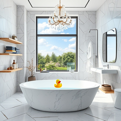 Alt Text: An elegant luxury bathroom design featuring a freestanding marble soaking tub that reflects subtle fragmented patterns. A large window showcases a serene garden with cubist interpretations of lush greenery and blooming flowers. The walls are decorated with artistic tiles in muted blue and gold abstract designs. Floating shelves display artisanal soaps and plush towels in a stylized cubist manner. A whimsical chandelier made of abstract crystals casts light patterns around the room, while a playful cubist rubber ducky floats in the tub. The minimalist vanity area boasts a large geometric mirror, and outside the window, stylized cubist clouds drift in a tranquil blue sky, enhancing the ambiance of this sophisticated retreat. The scene captures the essence of luxury and tranquility through Cubism, utilizing a calming color palette of blues, golds, and soft whites.