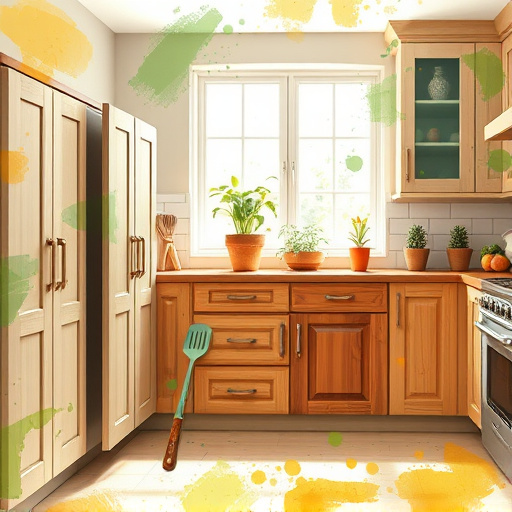 A lavish Baroque-style kitchen featuring exquisite cabinet designs crafted from luxurious woods such as mahogany and cherry, intricately carved with ornate details, including flourishes and cherubs. The kitchen boasts opulent golden accents and a vibrant color palette of deep jewel tones, creating an elegant yet inviting atmosphere. A whimsical fruit bowl overflowing with oversized, colorful fantastical fruits adds a playful touch. The background includes an intricately tiled backsplash with floral motifs in rich colors, while softly glowing chandeliers illuminate the space, casting playful shadows and enhancing the sophisticated yet approachable ambiance of the kitchen.