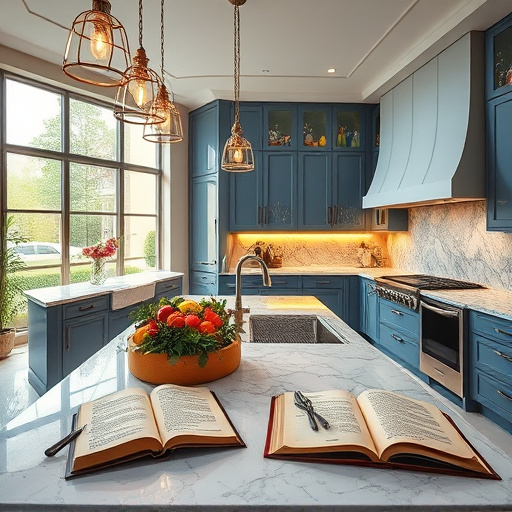Alt Text: A luxurious kitchen design featuring sleek high-end appliances, sparkling marble countertops, and custom cabinetry. The spacious layout includes an oversized kitchen island adorned with colorful fruit and decorative herbs. Soft ambient lighting enhances the rich color palette of deep blues and golds, creating a calm, opulent atmosphere. Delicate leaf-shaped pendant lights and a hand-painted tile backsplash add whimsical personality. A vintage recipe book and a vase of fresh flowers invite culinary creativity. Large windows showcase a tranquil garden view, embodying a nurturing home environment and inspiring dreams of an ideal kitchen space.