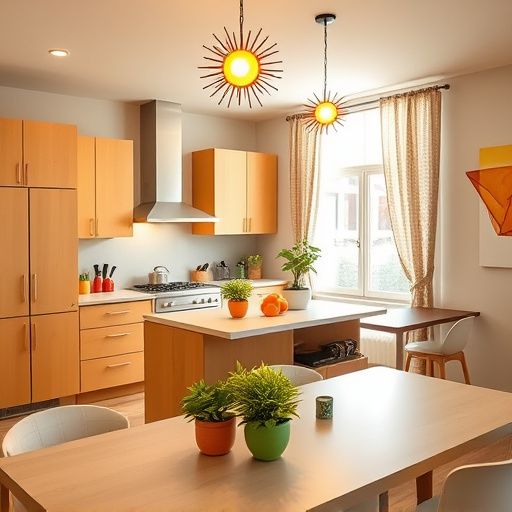 Alt text: "A vibrant open concept kitchen seamlessly connected to a cozy dining area, featuring geometric cabinetry and a modern central island adorned with colorful potted herbs. Artistic light fixtures with a playful sunburst pattern cast a warm glow. Abstract food elements, including floating geometric fruits and vegetables, subtly enhance the whimsical atmosphere. The sleek countertop showcases colorful kitchen gadgets, while a large window framed by geometric curtains allows natural light to flood the space. The cheerful color palette includes bright yellows, soft greens, and rich oranges, complemented by abstract shapes and patterns on the walls, creating an inviting and creative environment perfect for culinary exploration."