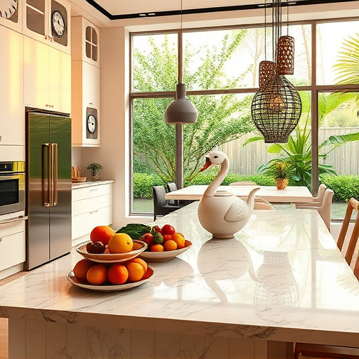 Alt text: A modern luxury kitchen design featuring sleek marble countertops and high-end stainless steel appliances. The minimalist island is adorned with vibrant exotic fruits, creating an inviting and sophisticated atmosphere. Warm golden light bathes the space, highlighting quirky details like an oversized vintage clock with playful hands, a whimsical swan-shaped teapot, and abstract geometric hanging pendant lights. Large windows reveal a lush garden view, enhancing the connection to nature. The image is painted in a Neo-Expressionism style with a rich palette of deep greens, warm golds, and soft whites, showcasing a harmonious blend of elegance and creativity.