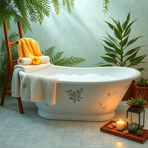 Alt text: A tranquil spa-inspired bathroom scene featuring a large freestanding bathtub filled with rose petals and surrounded by softly glowing candles. Playful soap dispensers shaped like sea creatures are displayed, while towels are artistically arranged to resemble waves. The background is filled with lush potted plants, including ferns and orchids, providing vibrant greens against warm neutral tones. The mosaic-patterned tile floor showcases colorful circular tiles, complementing the organic theme. A skylight above illuminates the space with natural light, highlighting textured walls adorned with stenciled leaf patterns. A handcrafted wooden vanity with intricate carvings and artisanal glass sinks completes the serene ambiance, with a color palette of soft beige, muted greens, and gentle blues, promoting relaxation and wellness.