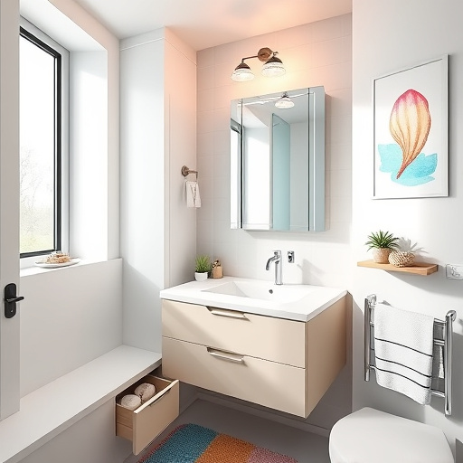 Alt Text: A hyperrealistic image of a compact bathroom layout designed for small spaces. The bathroom features a sleek modern sink tucked into a corner, equipped with storage drawers displaying organized toiletries. Above the sink, a stylish frameless mirror reflects light from an elegant fixture, creating a warm ambiance. A minimalist shower area with a glass door showcases beautifully tiled walls, complemented by a small succulent on a floating shelf. Colorful seashell-shaped bath mats and whimsical wall art, including a vibrant watercolor beach scene, add playful touches to the serene atmosphere. Bright and airy, the space has a frosted window that lets sunlight filter through, illuminating a pastel color palette that enhances the tranquil retreat feeling.