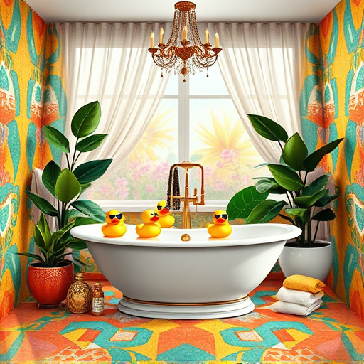 Vibrant PopArt blog cover image centered on luxury bathroom designs. The opulent bathroom features a freestanding soaking tub surrounded by oversized potted plants. Playful rubber ducks wear chic sunglasses, and stylish bath oils are artfully arranged. Bold patterned tiles in gold, teal, and coral create a sophisticated yet playful atmosphere. A whimsical background showcases a window with sheer curtains, allowing colorful abstract light patterns to illuminate shiny surfaces. A vintage chandelier hangs dramatically, and fluffy towels are tossed artfully, with artistic water drops captured mid-fall. The expressive and dynamic art style exudes a sense of indulgence, combining luxury with quirky charm, ideal for a blog on high-end bathroom aesthetics.
