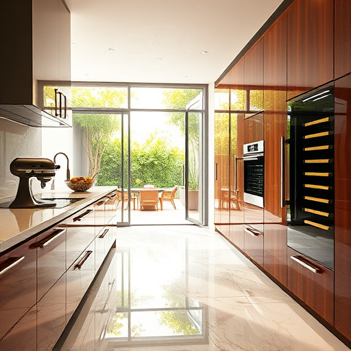 A visually captivating blog cover image showcasing a luxury kitchen design. The image features a sleek, modern kitchen with high-end materials including polished marble countertops and glossy, dark wood cabinetry. Unique appliances, such as a state-of-the-art oven and a shimmering wine cooler, are designed with organic, flowing lines that create an OpArt illusion of depth and movement. Whimsical elements, like a stand mixer shaped like a vintage car and a levitating fruit bowl, add a playful touch. The background presents a sun-soaked outdoor patio viewed through large glass doors, surrounded by lush greenery for a serene ambiance. The vibrant color palette includes deep emerald greens, golds, and subtle whites, embodying luxury while highlighting geometric shapes and patterns in the floor tiles and wall designs that enrich the contemporary aesthetic.
