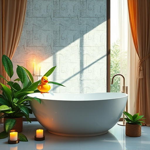 A serene blog cover image depicting a "Spa-Inspired Bathroom." The scene features a freestanding soaking tub filled with delicate flower petals, surrounded by softly glowing aromatic candles. A lush green plant, possibly a fern or bamboo, adds a natural touch in one corner. Natural stone tiles adorn the walls, while large windows allow gentle sunlight to filter in, creating a warm ambiance. The calming atmosphere is enhanced by a playful rubber duck nestled among the petals in the tub and a vintage clock on the wall that whimsically suggests it's always "me time." Plush towels are neatly rolled on a rustic wooden shelf, complemented by essential oil bottles arranged artistically on the counter. The background showcases soft, muted colors—earthy greens, light pastels, and warm neutrals—that evoke tranquility and restful harmony, with detailed realism capturing every aspect from the candlelight reflection in the water to the soft texture of the towels.