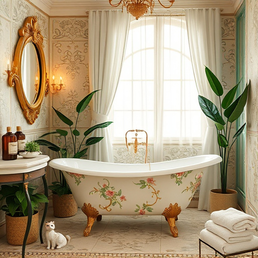 Alt Text: A luxurious bathroom design featuring a freestanding clawfoot bathtub with delicate floral patterns, surrounded by lush green plants and softly flickering candles. The walls are adorned with intricate Art Nouveau tiles in warm golds and rich emeralds, creating a sophisticated atmosphere. A stylish vanity with vintage perfume bottles and elegant toiletries adds charm, while a whimsical golden mirror with flowing vines and a tiny ceramic cat peeks through plush towels. Soft, natural light filters in through a large window draped in sheer curtains, enhancing the calming and inviting mood of the space. The overall color palette of tranquil greens, soft creams, and hints of gold evokes a sense of relaxation and indulgence.