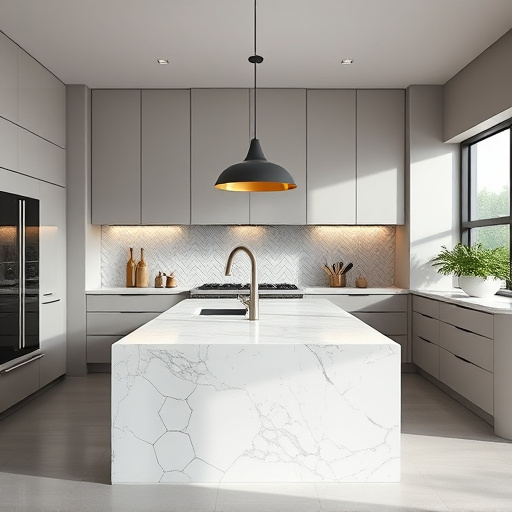 Alt text: A luxurious kitchen featuring sleek lines and high-end finishes, centered around a stunning marble island illuminated by soft ambient lighting. The minimalistic cabinetry in muted tones complements the intricate geometric patterned backsplash, creating a calm and refined mood. Unique, quirky cooking utensils are artistically arranged alongside potted herbs on the windowsills, adding life to the scene. Large minimalist windows flood the space with natural light, emphasizing the room's spaciousness. The color palette includes soft whites, deep grays, and subtle hints of gold, contributing to a stylish and serene atmosphere, ideal for a modern luxury kitchen design blog cover.