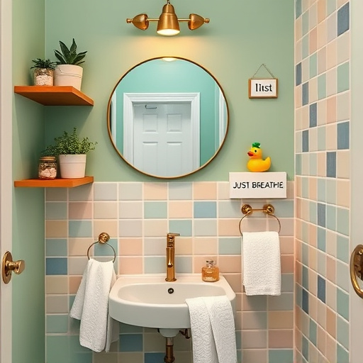 Alt text: A cozy small bathroom layout featuring a mint green wall, warm wooden shelving with plants and apothecary jars. A compact round mirror is positioned above a sleek sink with brass fixtures. Fluffy white towels are artistically draped, enhancing the inviting space. A whimsical rubber duck soap dispenser and a cheeky "Just Breathe" wall sign add playful details. The background showcases pastel-colored tiles in a ColorFieldPainting style, creating an abstract color fusion that evokes relaxation and creativity, while the overall palette of soft blues, greens, and warm neutrals adds to the tranquil atmosphere.