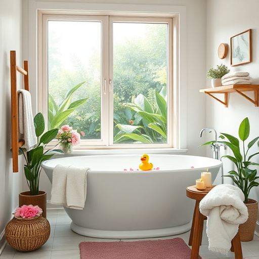 A serene spa-inspired bathroom showcasing a large freestanding soaking tub filled with gentle bubbles, surrounded by lush indoor plants like ferns and peace lilies. The walls are painted in soft, calming pastels, while a large window allows warm natural light to illuminate the space. Flickering scented candles enhance the inviting atmosphere, and a minimalist wooden shelf displays organic bath products in elegant packaging. A plush bathrobe hangs nearby, adding to the tranquil feel. The floor features smooth pebbles for a tactile experience, contributing to the overall spa ambiance. A tiny rubber duck floats playfully in the tub, contrasting with the serene decor. The color palette blends soft greens, muted whites, and earthy browns, creating a soothing environment ideal for relaxation, making it an excellent choice for a blog cover image on spa-inspired bathrooms.