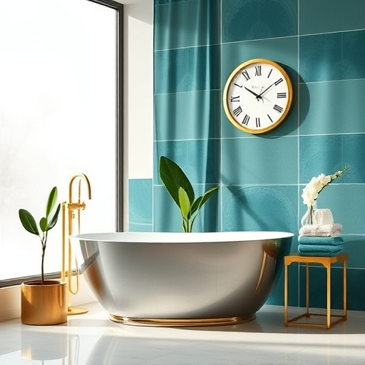 Blog cover image for "Contemporary Bathroom Designs" featuring a modern bathroom with sleek Art Deco elements. The design includes geometric shapes, chrome fixtures, and luxurious tiles in deep teal, gold, and soft ivory. A prominent freestanding bathtub is surrounded by delicate green plants like ferns and orchids, adding vitality. Soft natural light filters through a large frosted glass window, reflecting off polished surfaces, enhancing the tranquil mood. A vintage art deco-style clock with an exaggerated design adorns one wall, while a bold geometric-patterned shower curtain hangs in the background. A stylish side table displays neatly stacked fluffy towels in gradient colors of teal and white. A uniquely shaped decorative mirror reflects part of the scene, showcasing the elegant bathroom features. The overall atmosphere is serene and sophisticated, embodying luxury in modern bathroom design with deep blues, gold accents, and soft whites throughout.