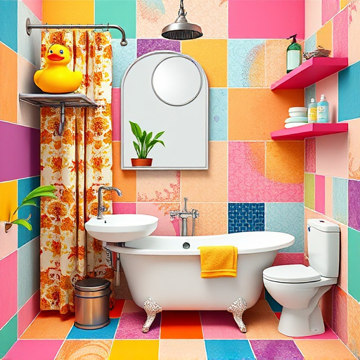 Vibrant blog cover image focused on "Small Bathroom Layouts," displaying cleverly designed compact bathroom spaces in bright PopArt colors. Features include a gigantic rubber ducky on a chic sink, colorful shower curtains with playful patterns, a plant growing from a vintage faucet, and a fish-shaped soap dispenser. The lively background showcases abstract geometric patterned tiles, floating shelves filled with vibrant bath products, and a compact bathtub, all infused with cheerful pops of color, creating a fun and inviting atmosphere that inspires readers to explore innovative small space designs.