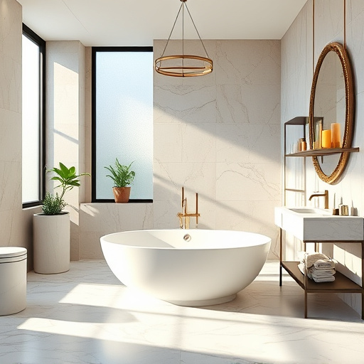 A luxurious bathroom design featuring sleek, modern fixtures that harmonize form and function. The spacious bathroom showcases a freestanding soaking tub surrounded by elegant marble tiles, paired with a minimalist vanity topped with an ornate mirror reflecting soft ambient lighting. Natural light gently filters through frosted glass windows, creating a calm atmosphere with delicate shadows on the floor. Whimsical potted plants are artfully placed on the tub ledge, while abstract soap dishes add playful details. Stylish geometric shelving holds plush towels and decorative candles, enhancing the room's personality. The serene color palette includes muted earth tones of beige and soft blue, accented by bold touches of rich golds and blacks, embodying luxury and the Bauhaus art style with its strong geometric lines and functional elegance. This image embodies an opulent retreat, perfect for a blog focused on luxury bathroom aesthetics.