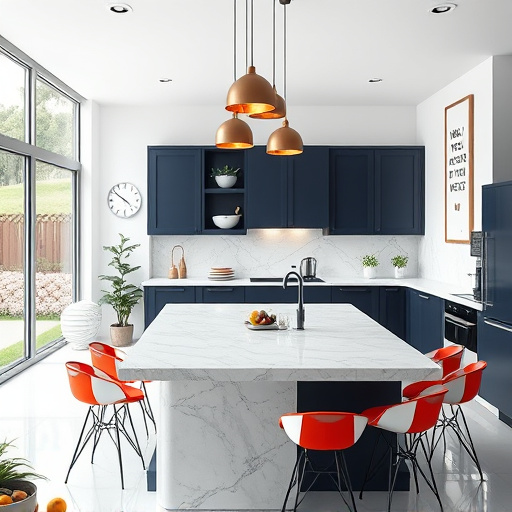 Alt Text: A modern kitchen designed with an open-concept layout, featuring a large central island with a polished quartz waterfall countertop surrounded by minimalist bar stools adorned with vibrant geometric patterns. Avant-garde pendant lights hang above, casting a warm glow. The cabinetry combines deep navy and crisp white, complemented by open shelving showcasing curated dishware and houseplants. A colorful fruit bowl brims with fresh produce in one corner, while a sleek coffee maker adds modern convenience. Quirky details include a whimsical wall clock with oversized numbers and a playful art print above the breakfast nook. Large windows flood the room with natural light, offering a serene view of a manicured garden. The color palette of soft whites, deep blues, and vibrant accents creates a warm, inviting atmosphere perfect for culinary creativity.