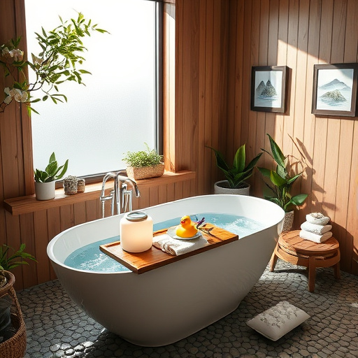 A serene spa-inspired bathroom featuring a beautifully crafted wooden soaking tub at the center, reflecting soft candlelight and casting warm glows. Lush houseplants surround the tub, adding vibrant greenery that contrasts with the soothing earth-toned bathroom tiles. The walls showcase intricate Native American patterns, enhancing the textured atmosphere. A decorative fountain flows softly, creating a calming sound that contributes to the meditative quality of the space. Underfoot are delicate stones resembling river pebbles, guiding the viewer's eye and providing tactile interest. A woven basket filled with aromatic oils and handcrafted soaps rests on a natural bamboo shelf, adding whimsical charm. The pastel color palette, with earthy greens and muted terracottas, promotes harmony and healing. Large windows in the background reveal a tranquil outdoor landscape, hinting at lush mountains or serene forests, establishing a connection with nature. This scene embodies relaxation, cultural richness, and the essence of spa-inspired bathrooms.