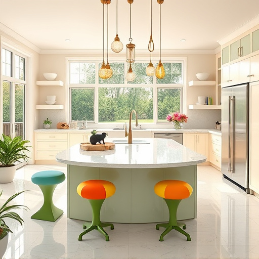 Alt text: A spacious open concept kitchen features modern elegance with quirky charm, centered around a large island with colorful fruit-shaped bar stools. Sleek glossy pastel cabinetry and gleaming marble countertops enhance the design, while whimsical pendant lights resembling cooking utensils provide warm illumination. The calm yet vibrant atmosphere is enriched by potted herbs and fresh flowers, set against large windows that display a picturesque garden view. The digital art showcases soft greens, warm yellows, and gentle blues, capturing creativity and comfort. Fun details include a cat-shaped vintage cookbook holder and quirky kitchen tool magnets on the fridge, adding personality to the beautifully designed space, ideal for modern culinary adventures.