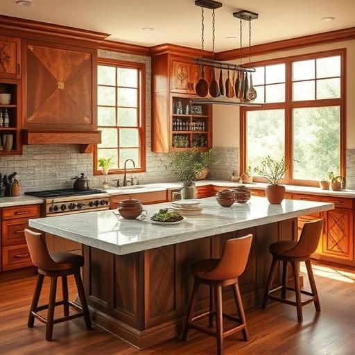 A captivating blog cover image centered on "Luxury Kitchen Designs" features an exquisite kitchen adorned with intricate cabinetry showcasing Native American patterns. The space boasts rich wooden textures and polished stone countertops, with a spacious island designed in artistic, geometric shapes. Surrounding the island are elegant bar stools reflecting traditional craftsmanship. Sunlight pours through large windows, highlighting handmade ceramic dishes and vibrant potted herbs that add freshness to the scene. Unique elements like a whimsical spice rack shaped like a totem pole and a hanging mobile crafted from artisanal kitchen utensils introduce playful contrasts. The soft, earthy color palette of terracotta, sage green, and deep blues creates a serene atmosphere, inviting viewers to envision the warmth and creativity of cooking in this elegant environment.