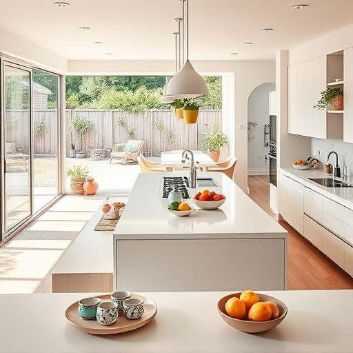 A serene, open concept kitchen showcasing contemporary minimalism with sleek cabinetry in soft, muted white and pale gray tones. The kitchen is illuminated by large windows dressed with delicate sheer curtains, casting soft shadows on a polished wooden island topped with a thin layer of green plants. A stylish droplet-shaped hanging light fixture adds elegance, while a row of small black pots with herbs on the windowsill brings vibrant greenery. In one corner, a beautifully designed coffee machine stands beside a colorful, geometric-print mug, suggesting a cheerful morning routine. A minimalist fruit bowl filled with fresh, colorful fruits emphasizes wholesome living. The inviting atmosphere encourages creativity, complemented by a softly blurred view of a plant-filled balcony in sunlight, enhancing the refreshing ambiance. The earthy neutral color palette mixed with pops of greenery creates a tranquil space, focusing on the open layout and inspiring culinary adventures.