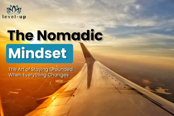 Airplane wing at sunrise symbolizing movement, adaptability, and the nomadic mindset.