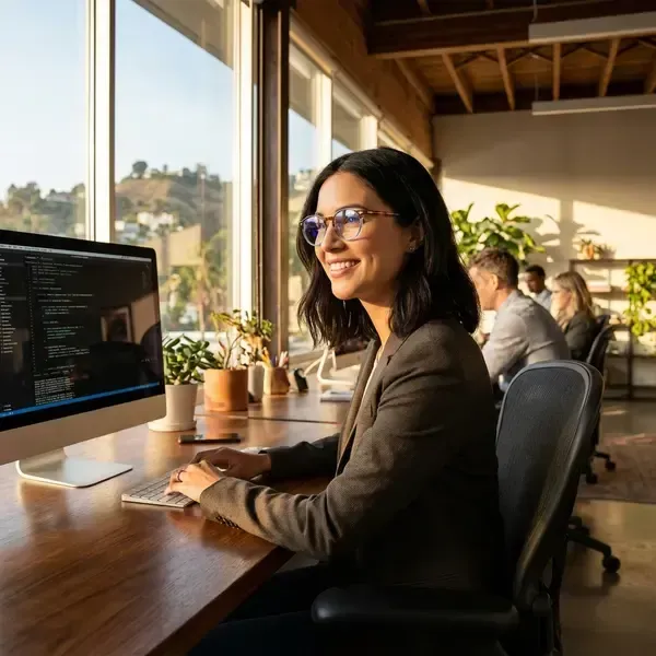 Professional wearing blue light blocking glasses at computer workstation in Thousand Oaks office - Academy Optical