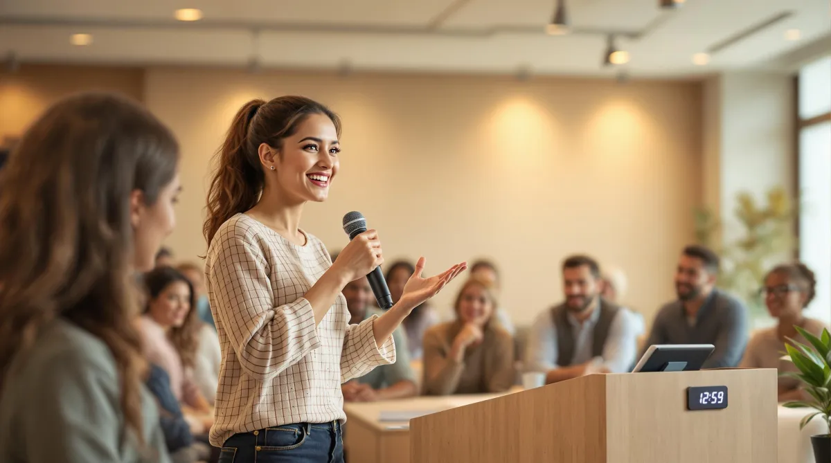 Woman speaking to a group of classmates