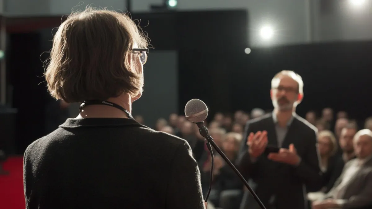 A man asking a woman a question during a conference