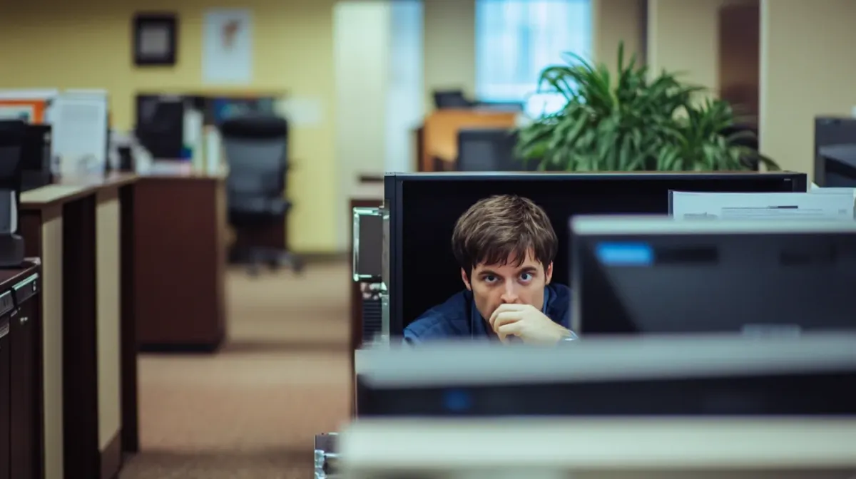 An employee hiding at his desk