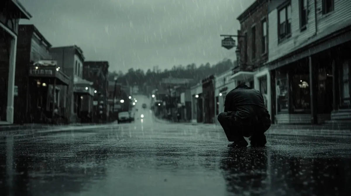 Man crouching in the main street of a small town