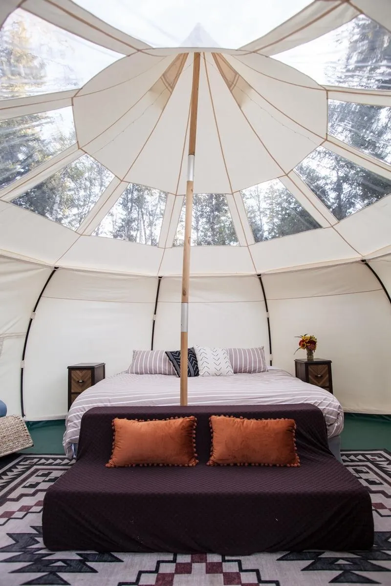 Inside of glamping tent at Smith Lake Farm