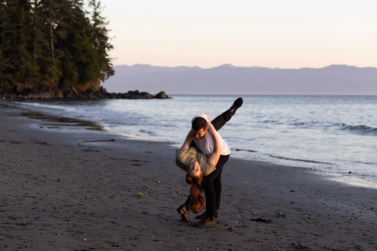 Engagement photo shoot during sunset at French Beach in Shirley BC
