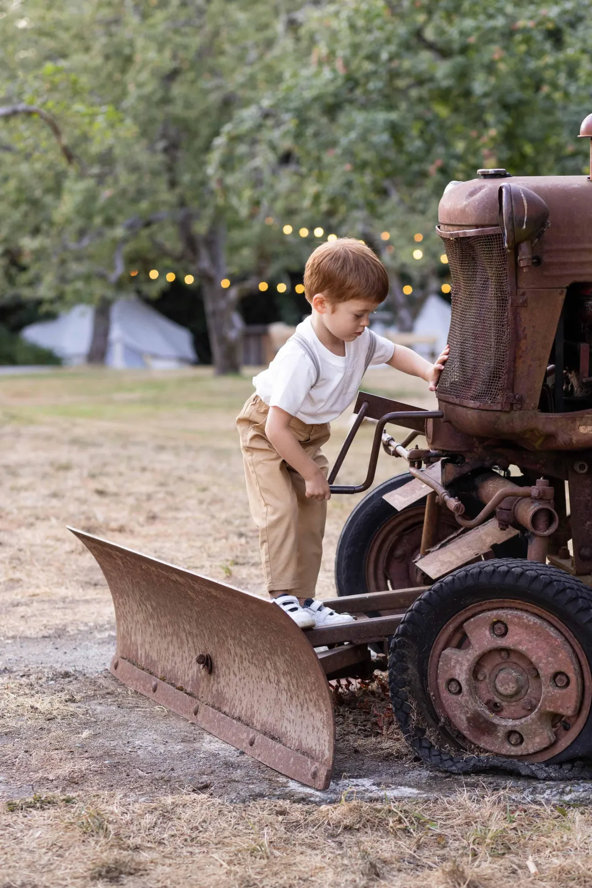 Little boy playing with crank on vintage tractor at Bilston Creek Farm