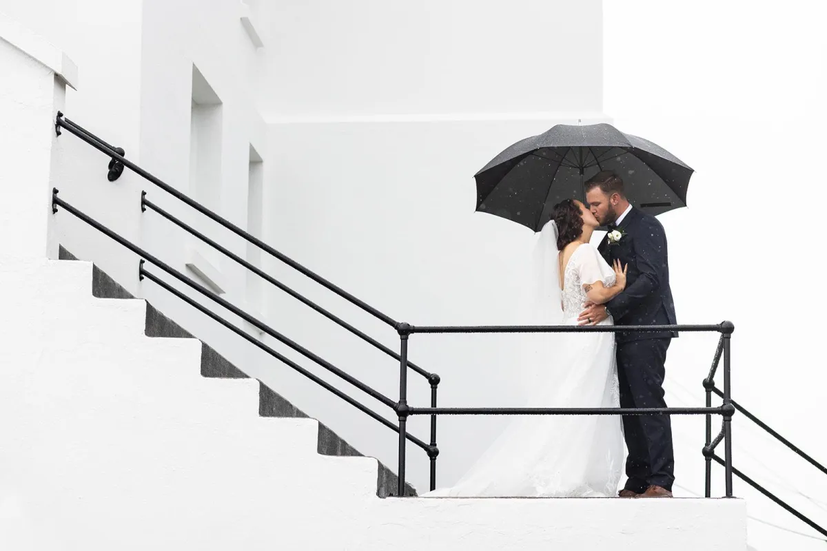 Rainy wedding day portraits at Gonzales Hill Observatory in Victoria BC