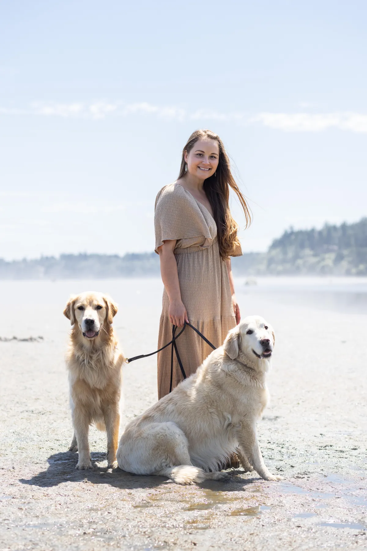 Danika and 2 golden retriever dogs on Cordova Bay Beach
