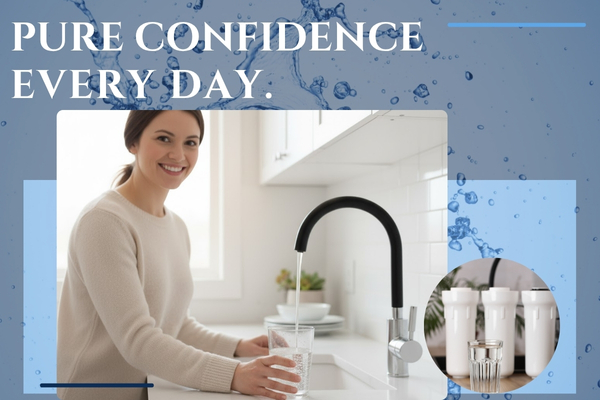 A woman pouring a glass of water from an RO faucet in her kitchen.