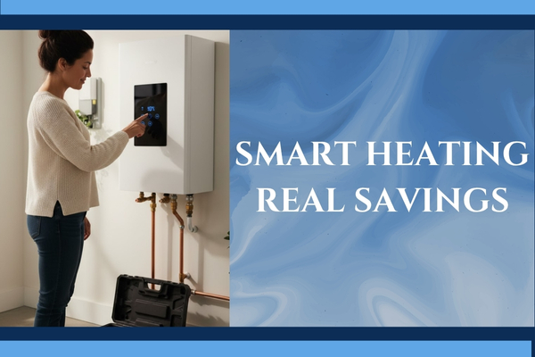 A homeowner adjusting the control panel on a modern tankless water heater.