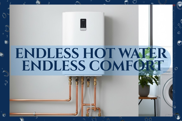 Modern tankless water heater installed on a clean wall with copper piping.