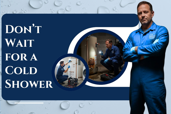 Plumber inspecting an old water heater showing signs of rust and wear.