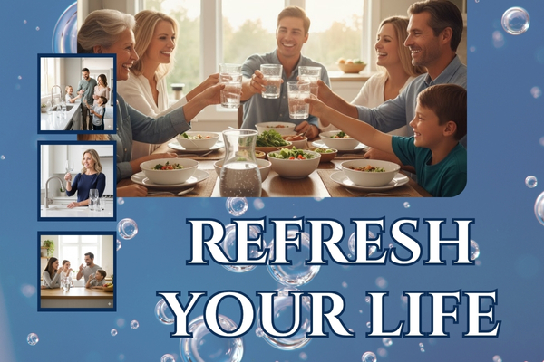 A happy family enjoying fresh water together at the dining table.