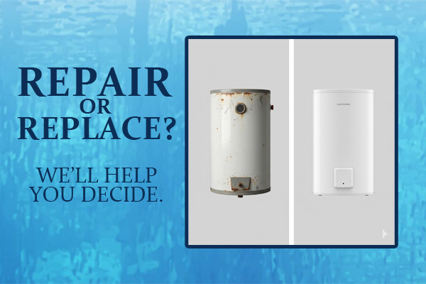 Split-screen image of an old water heater and a new replacement heater.