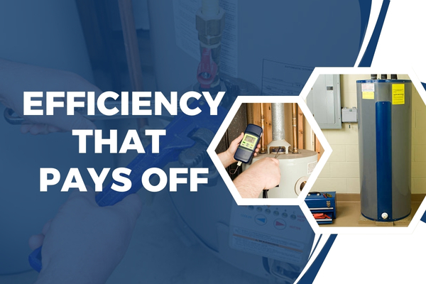 Energy-efficient water heater with labeled efficiency rating in a residential setting.