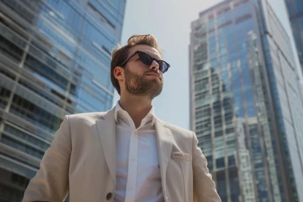 A confident male standing in a bustling cityscape, looking forward with determination and optimism, symbolizing his future as a successful internet entrepreneur.