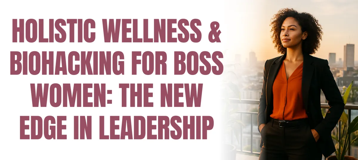 Confident woman in business attire standing on a rooftop at sunrise with city skyline in the background, symbolizing holistic wellness, biohacking, and leadership for boss women.