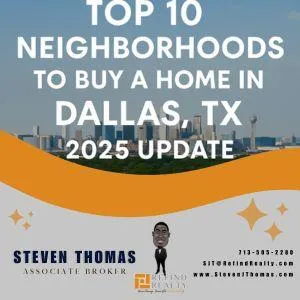 Aerial view of top Dallas neighborhoods including Lakewood, Preston Hollow, and Bishop Arts District with city skyline in the background